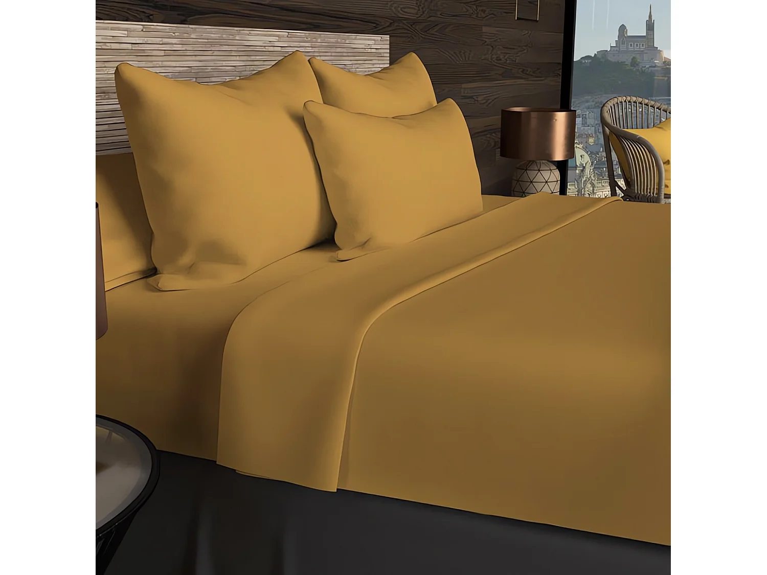 Drap housse en coton 57 fils 90x200 cm UNI moutarde, par Soleil d'ocre
