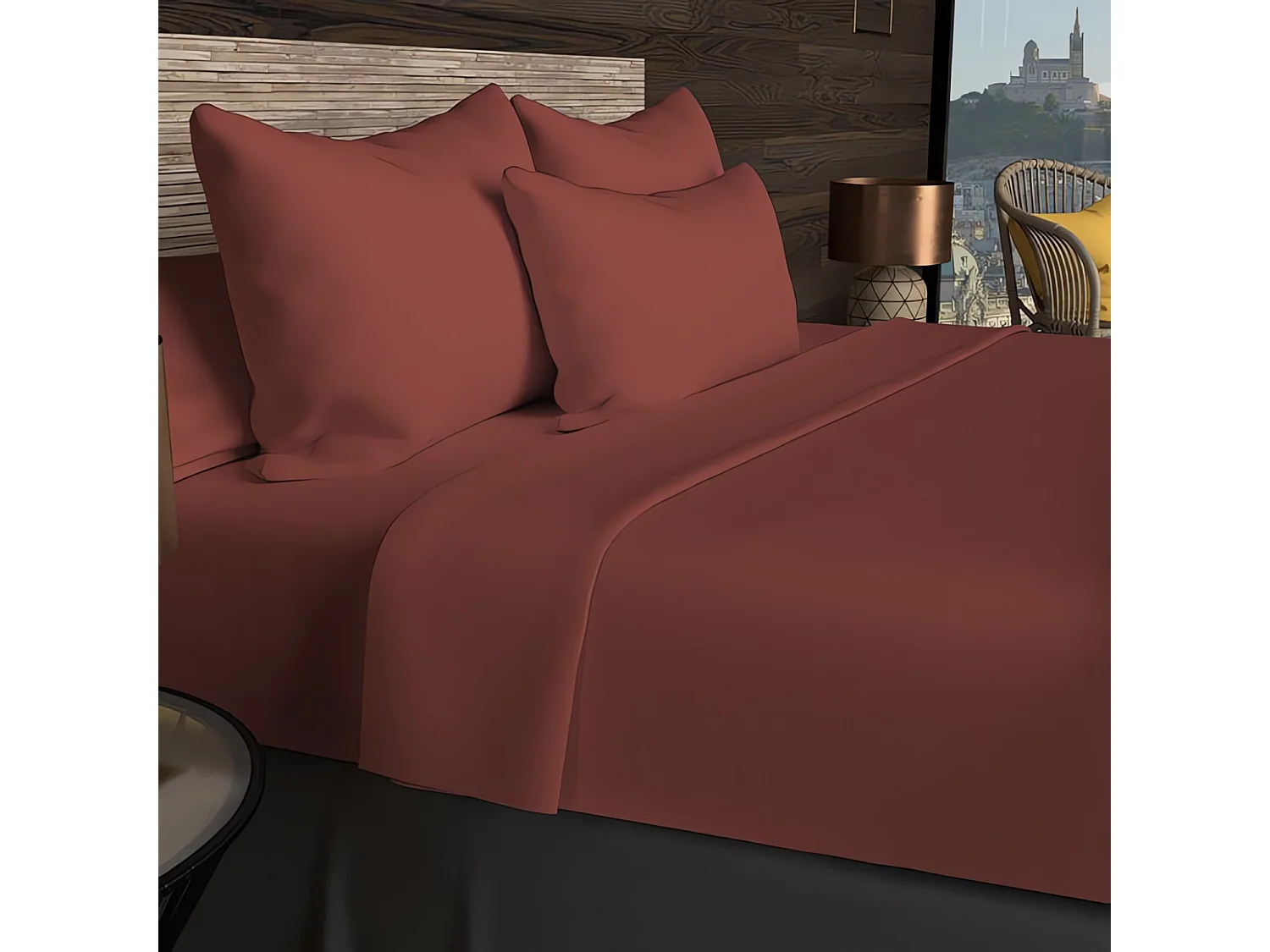 Drap housse en coton 57 fils 140x200 cm UNI brique, par Soleil d'ocre