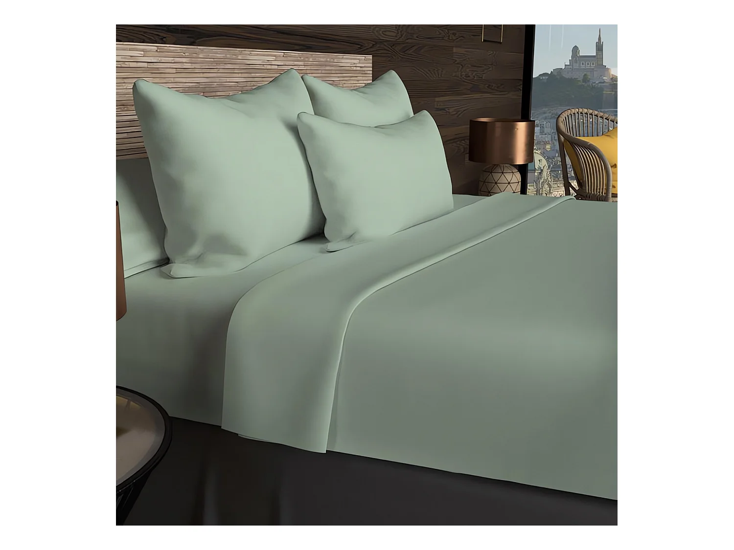 Drap housse en coton 57 fils 90x190 cm UNI vert d'eau, par Soleil d'ocre