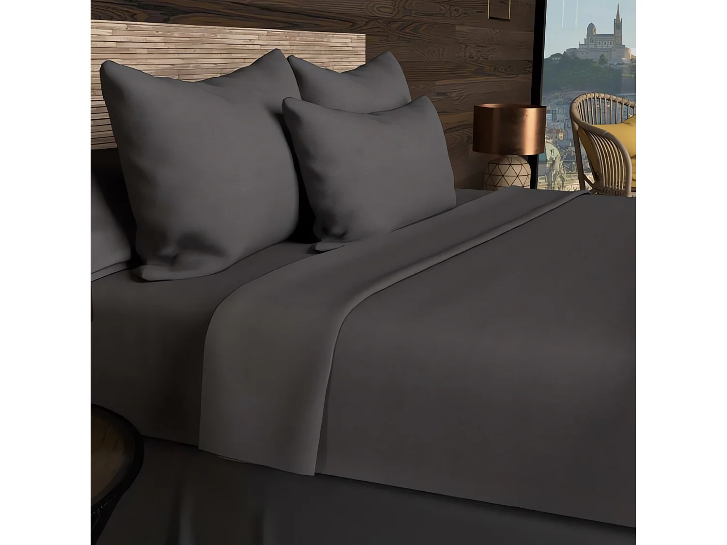 Sábana bajera ajustable 160x200 cm en algodón de 57 hilos SOLEIL D'OCRE antracita