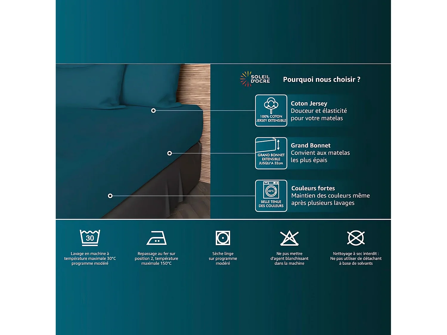 Drap housse en coton 160x200 cm JERSEY noir, par Soleil d'ocre