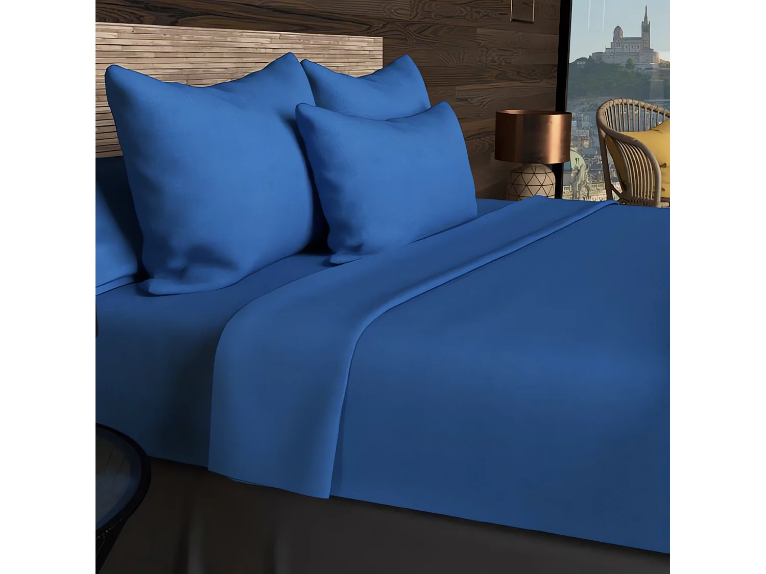 Sábana bajera ajustable 90x190 cm en algodón de 57 hilos SOLEIL D'OCRE azul marino