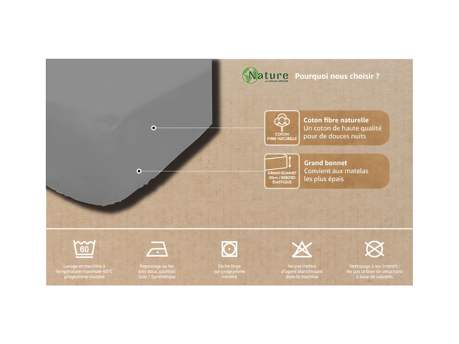 Drap housse en coton 160x200 cm PERCALE ecru, par Soleil d'ocre