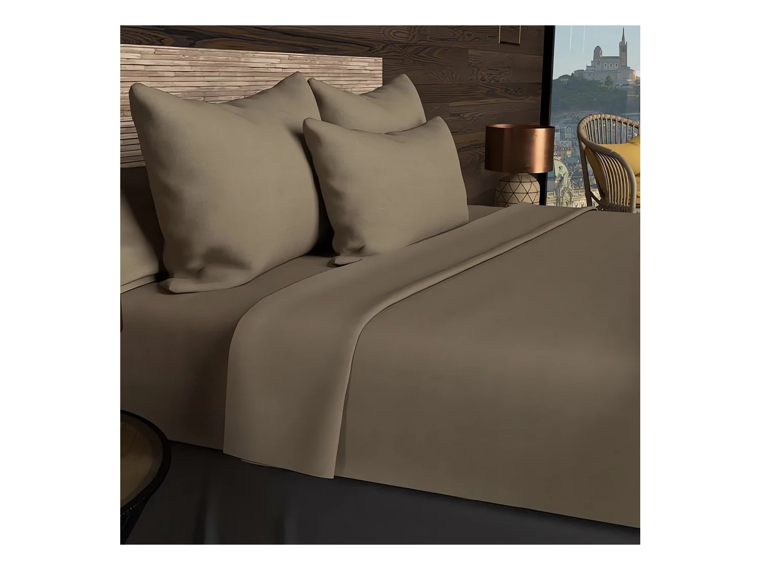 Sábana bajera 140x200 cm en algodón 57 Fils SOLEIL D'OCRE taupe