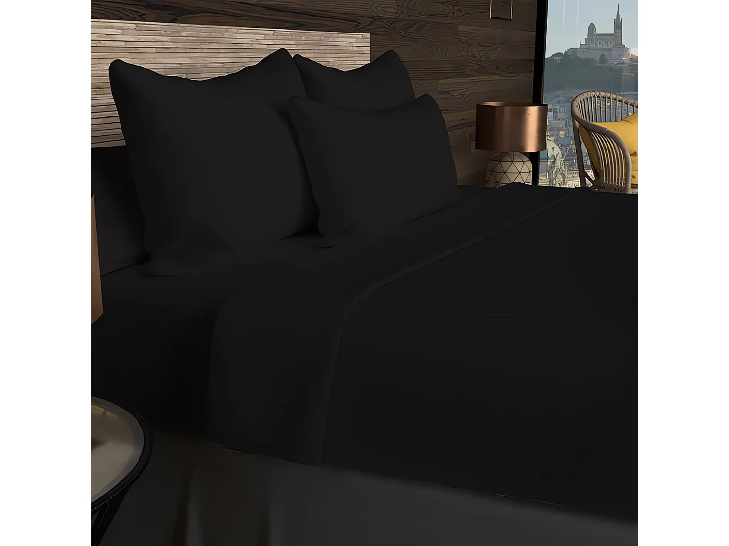 Drap housse en coton 57 fils 140x200 cm UNI noir, par Soleil d'ocre