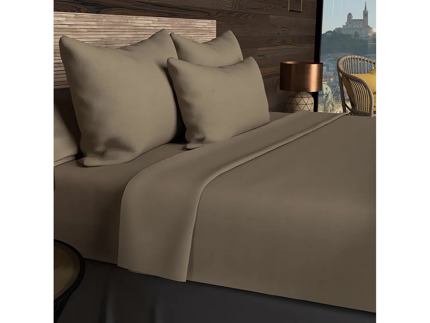 Drap housse 90x190 cm en coton 57 Fils SOLEIL D'OCRE taupe