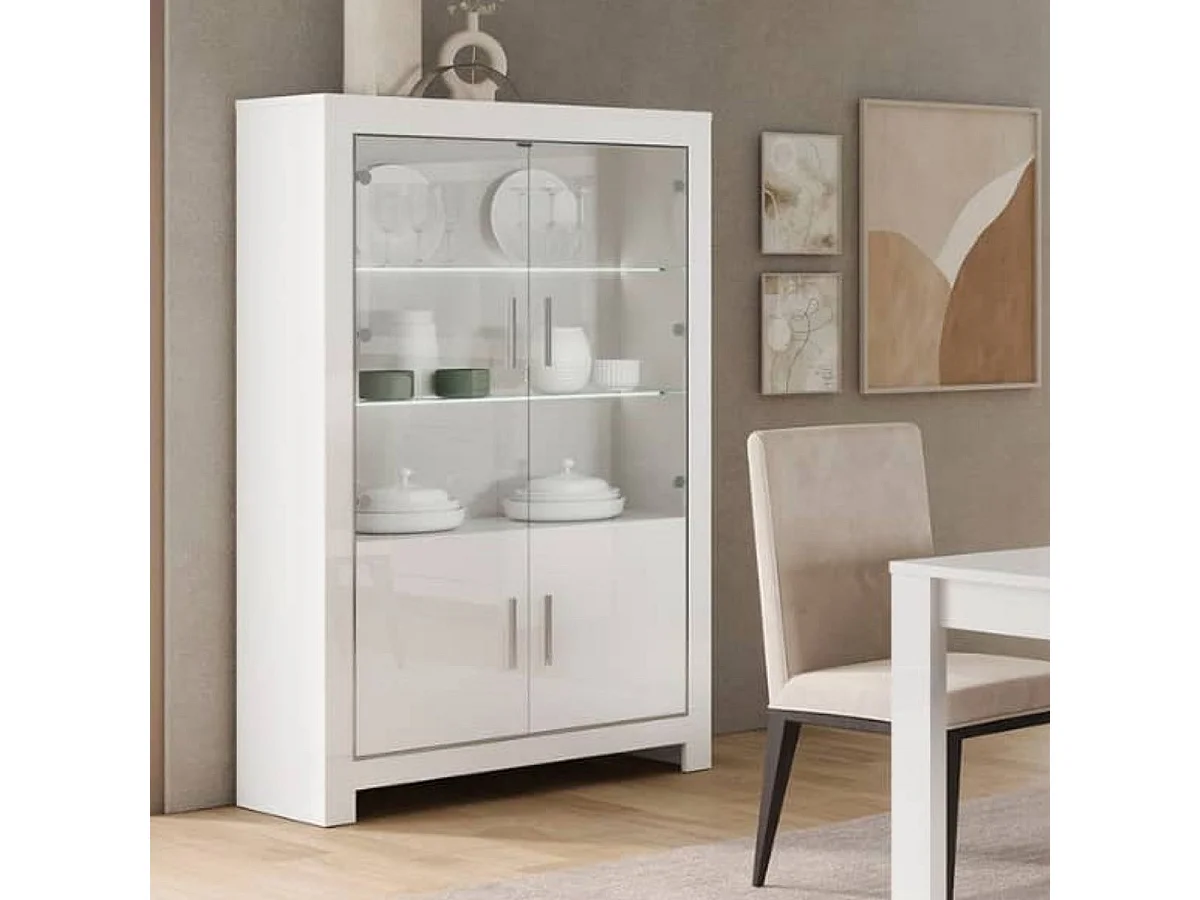 DENAE - Vitrine 4 Portes Laquée Blanc Brillant avec Eclairage Led