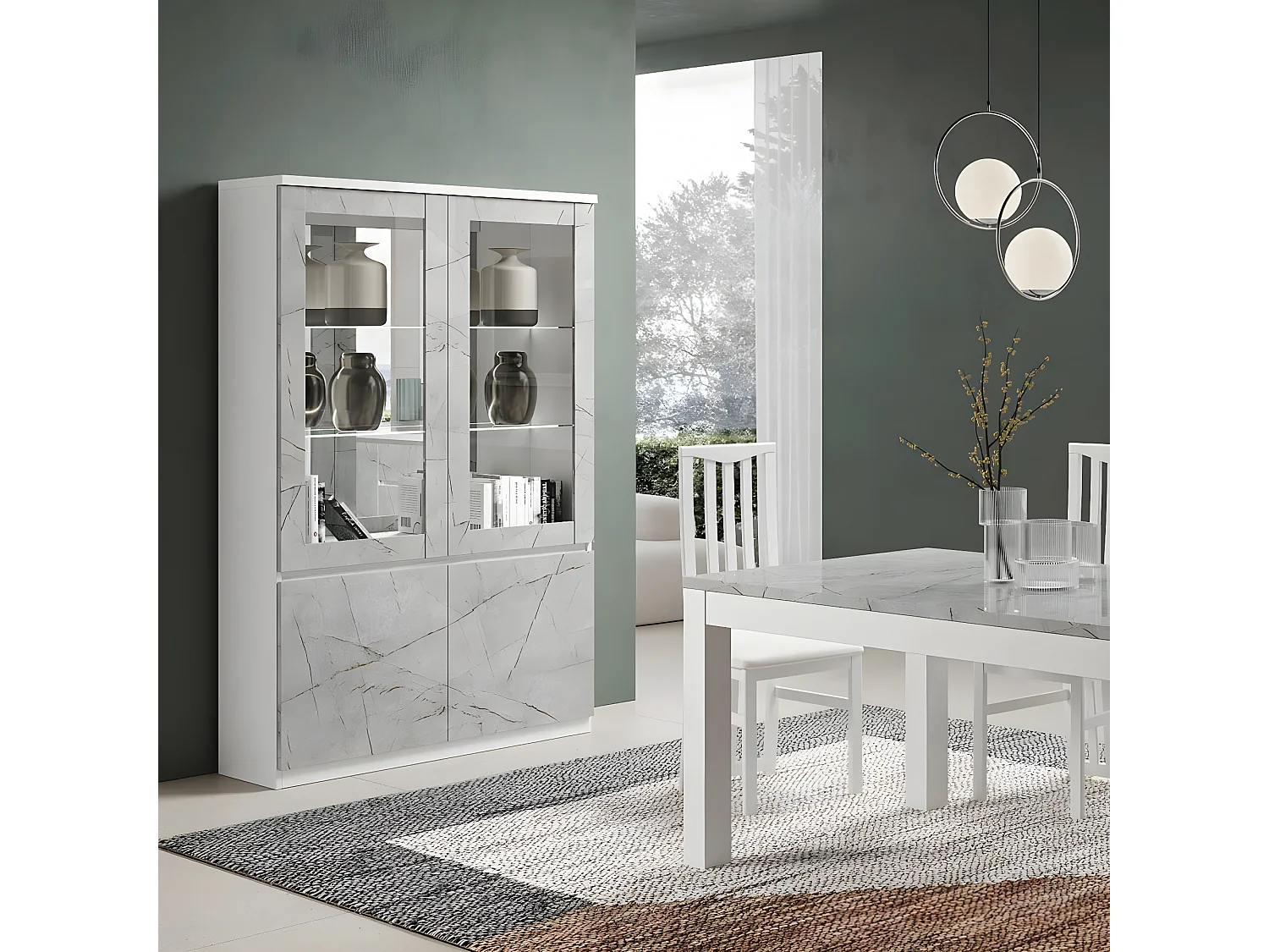 DEYTON - Vitrine 4 Portes Laquée Blanc et Gris Marbré avec Leds