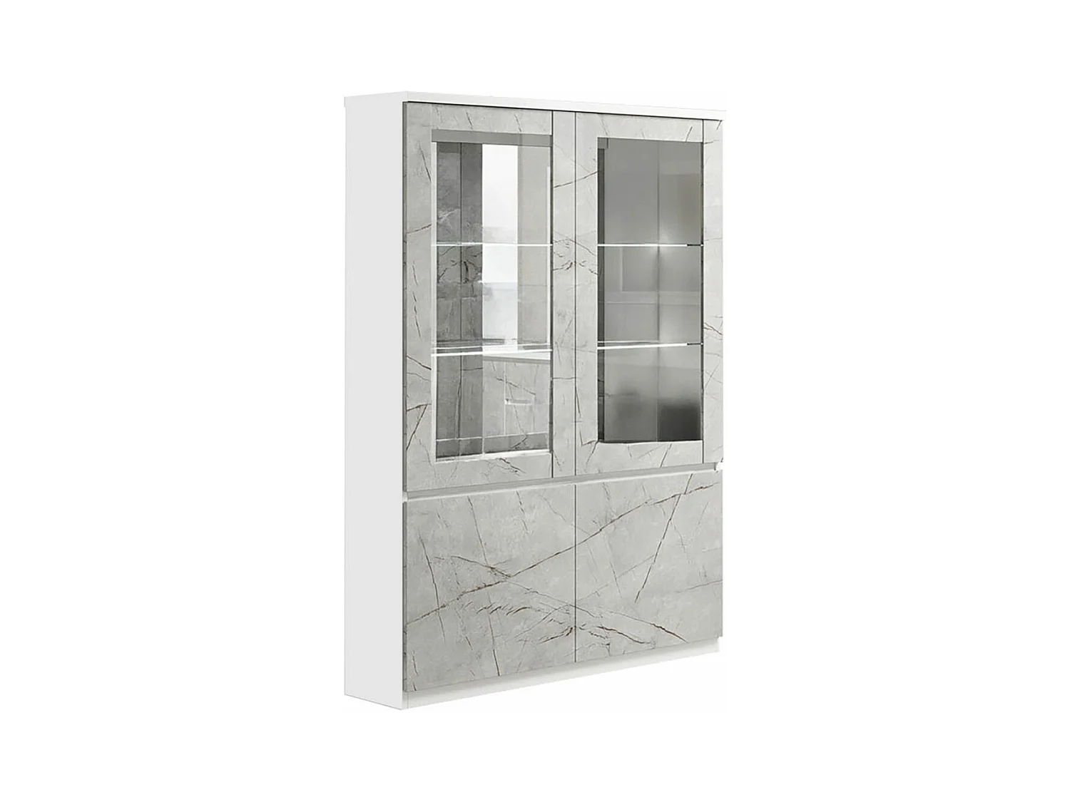 DEYTON - Vitrine 4 Portes Laquée Blanc et Gris Marbré avec Leds