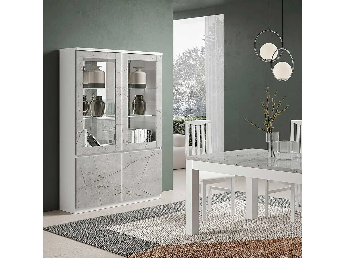 DEYTON - Vitrine 4 Portes Laquée Blanc et Gris Marbré avec Led