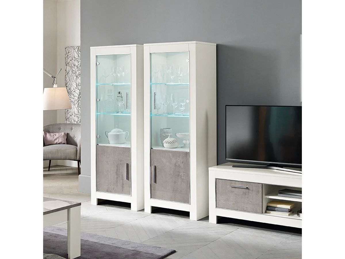 DENAE - Vitrine Droite Laquée Blanc Brillant et Gris Marbré avec Leds