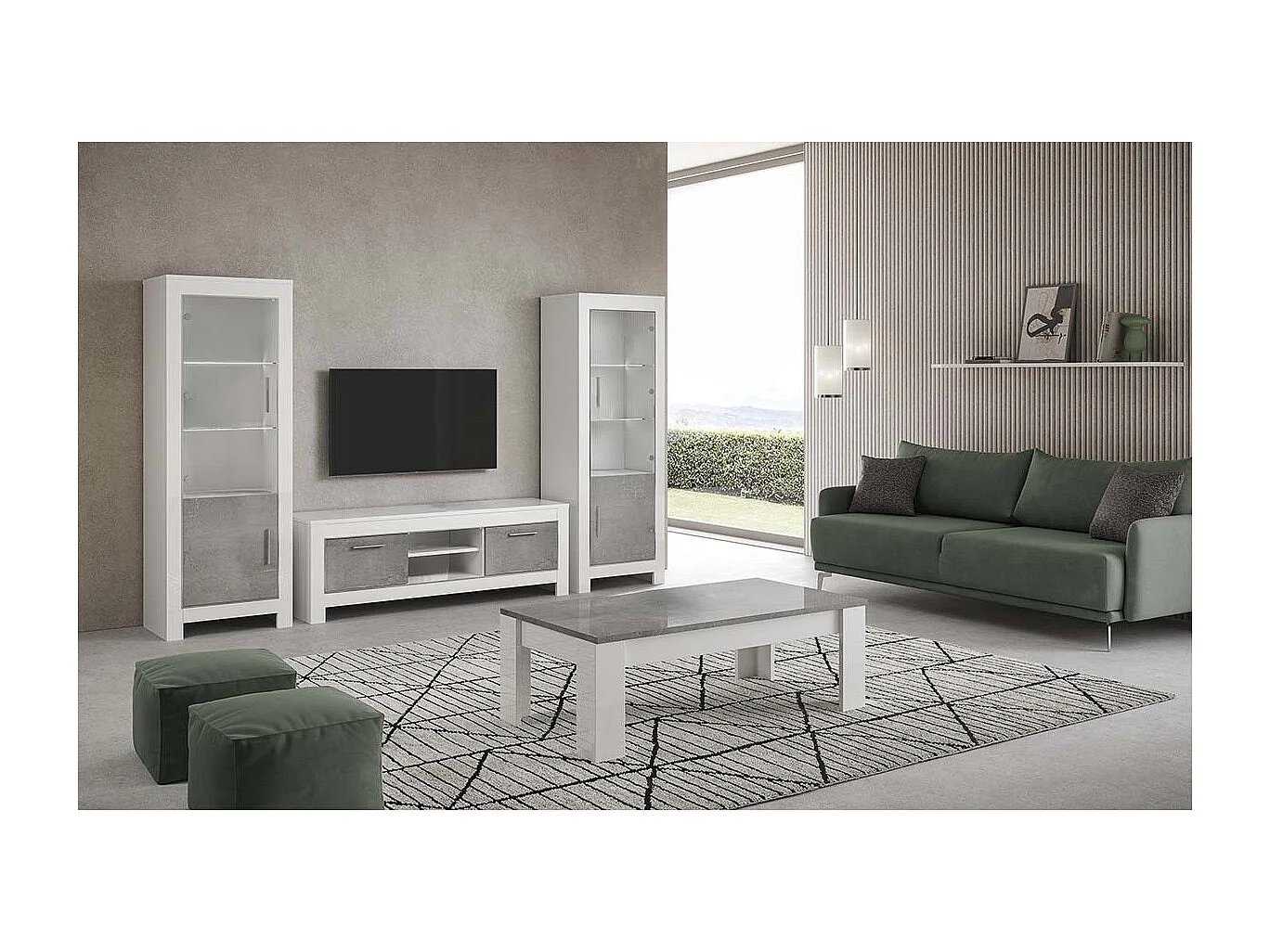 DENAE - Vitrine Droite Laquée Blanc Brillant et Gris Marbré avec Leds