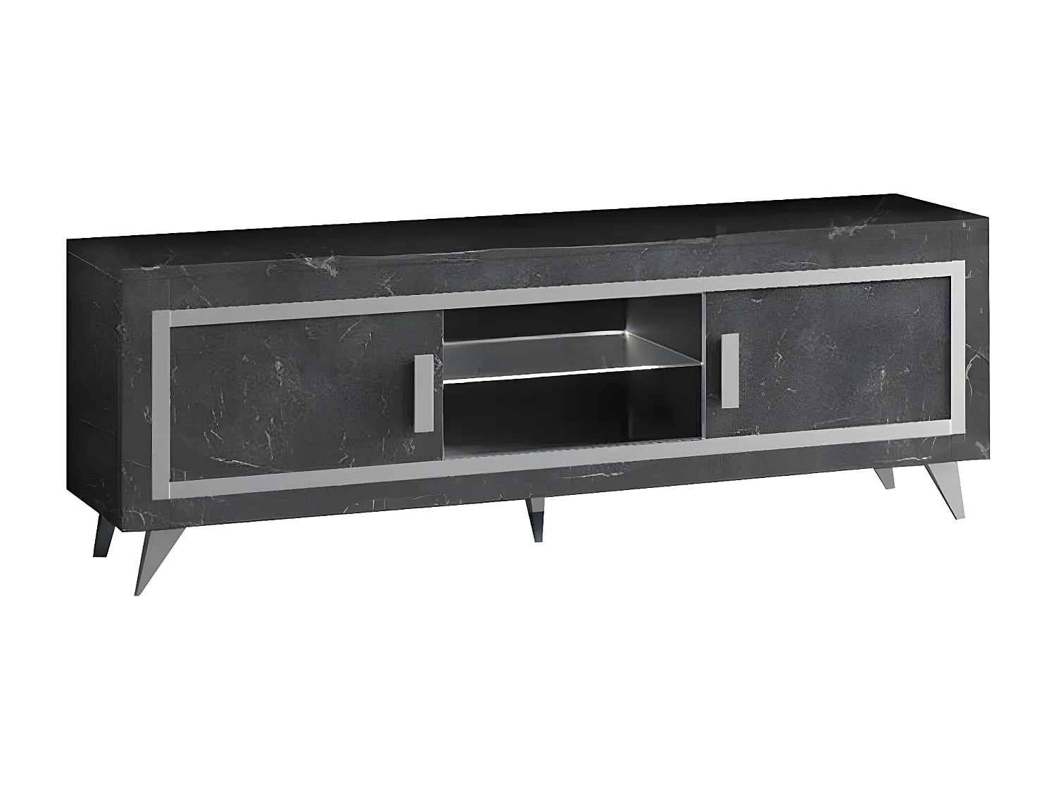 GUEDA - Meuble TV 2 Portes Effet Marbre Anthracite Finition Argent avec Leds