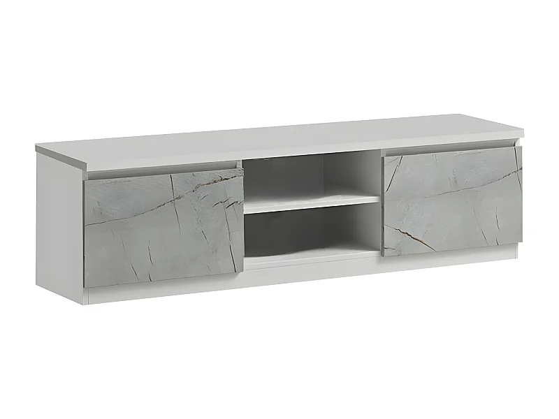 DEYTON - Meuble TV 2 Portes Laqué Blanc et Gris Marbré