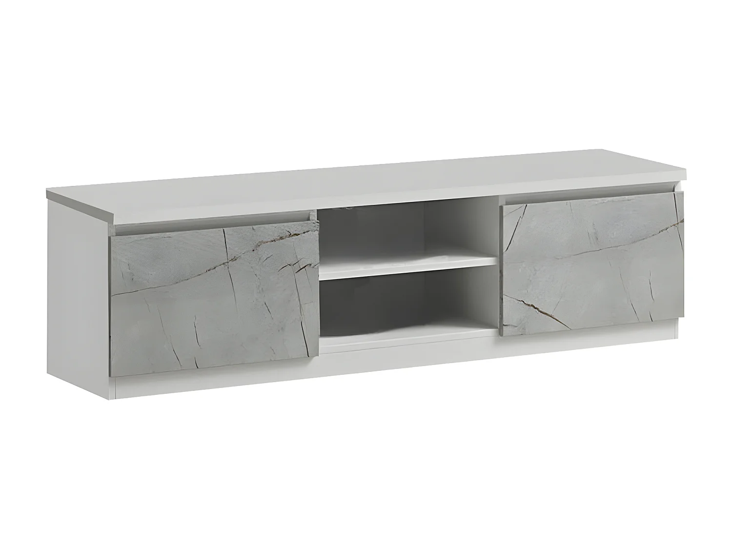 DEYTON - Meuble TV 2 Portes Laqué Blanc et Gris Marbré