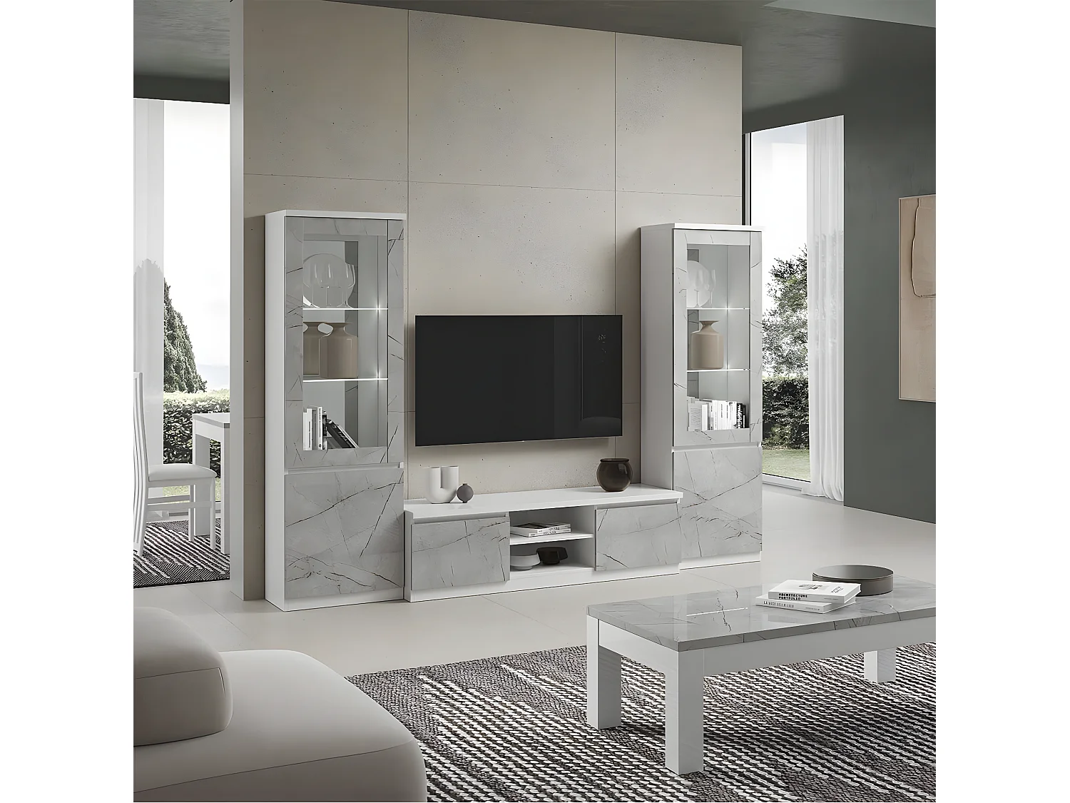 DEYTON - Meuble TV 2 Portes Laqué Blanc et Gris Marbré