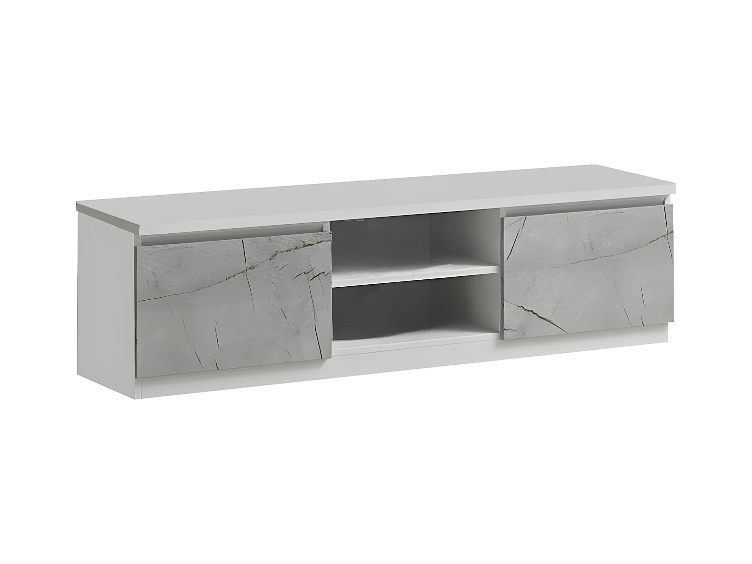 DEYTON - Meuble TV 2 Portes Laqué Blanc et Gris Marbré