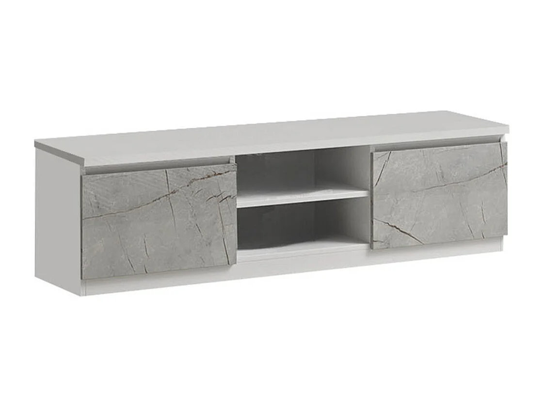 DEYTON - Meuble TV 2 Portes Laqué Blanc et Gris Marbré