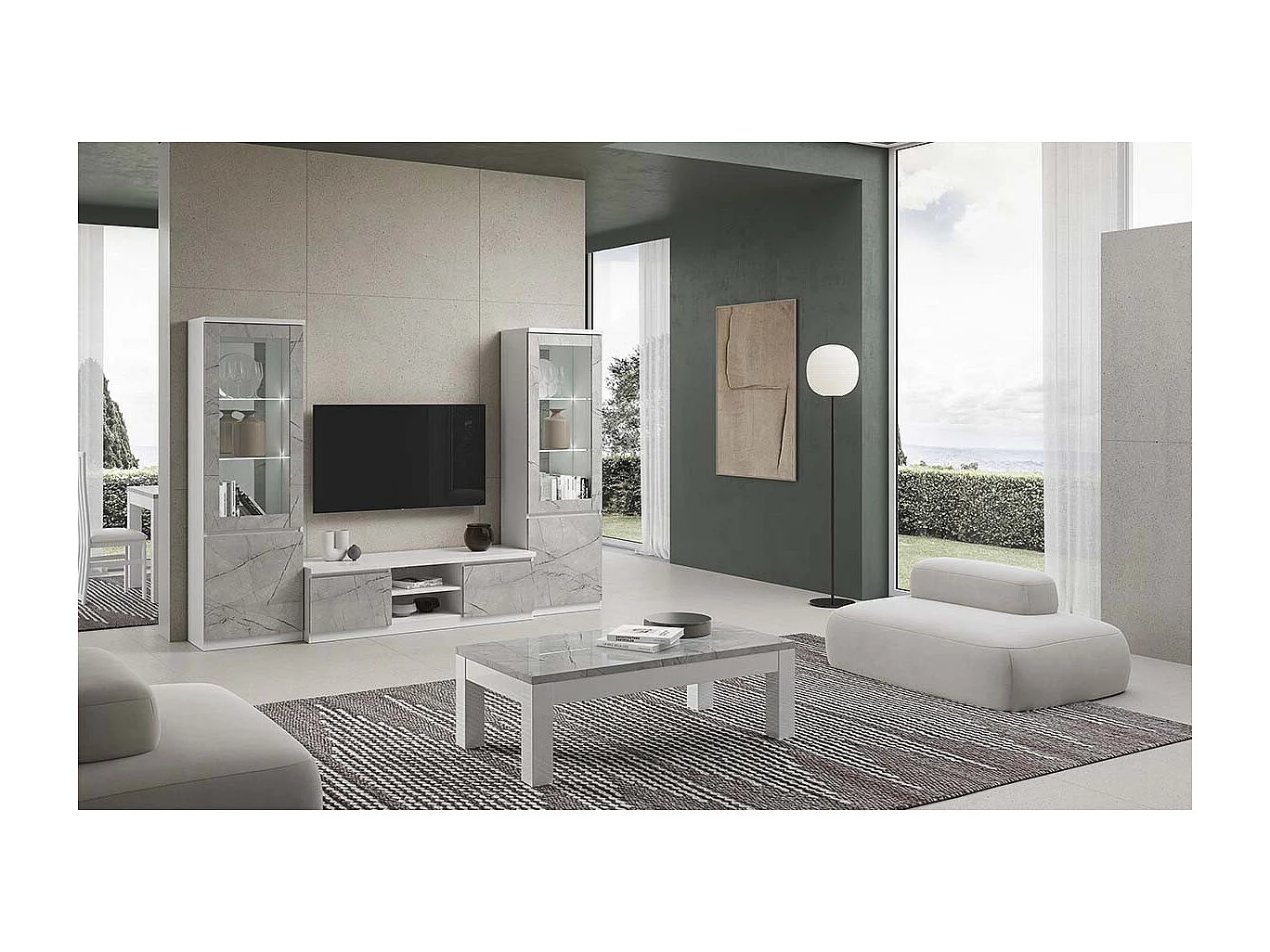 DEYTON - Meuble TV 2 Portes Laqué Blanc et Gris Marbré