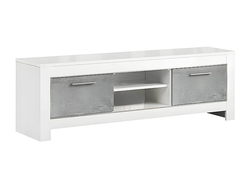 DENAE - Meuble TV 2 Portes L160cm Laqué Blanc Brillant et Gris Marbré