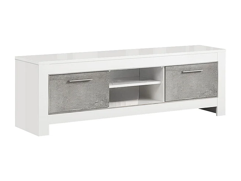 DENAE - Meuble TV 2 Portes L160cm Laqué Blanc Brillant et Gris Marbré