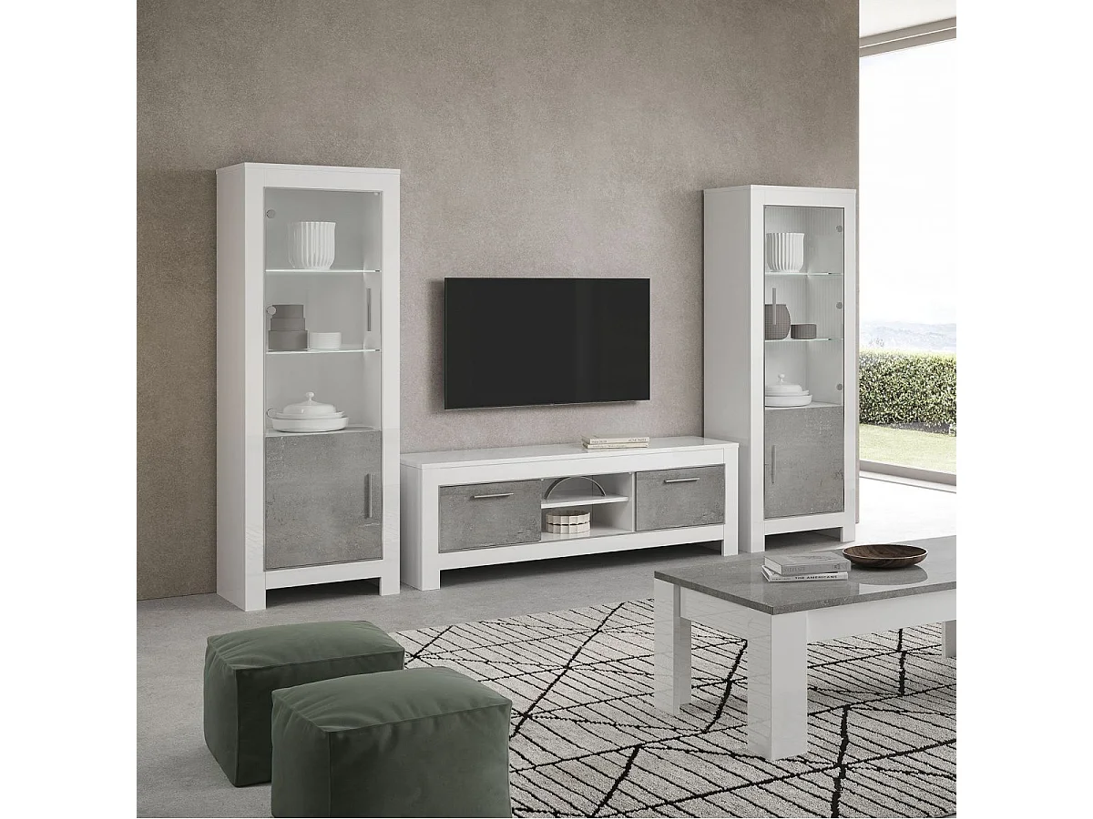DENAE - Meuble TV 2 Portes L160cm Laqué Blanc Brillant et Gris Marbré