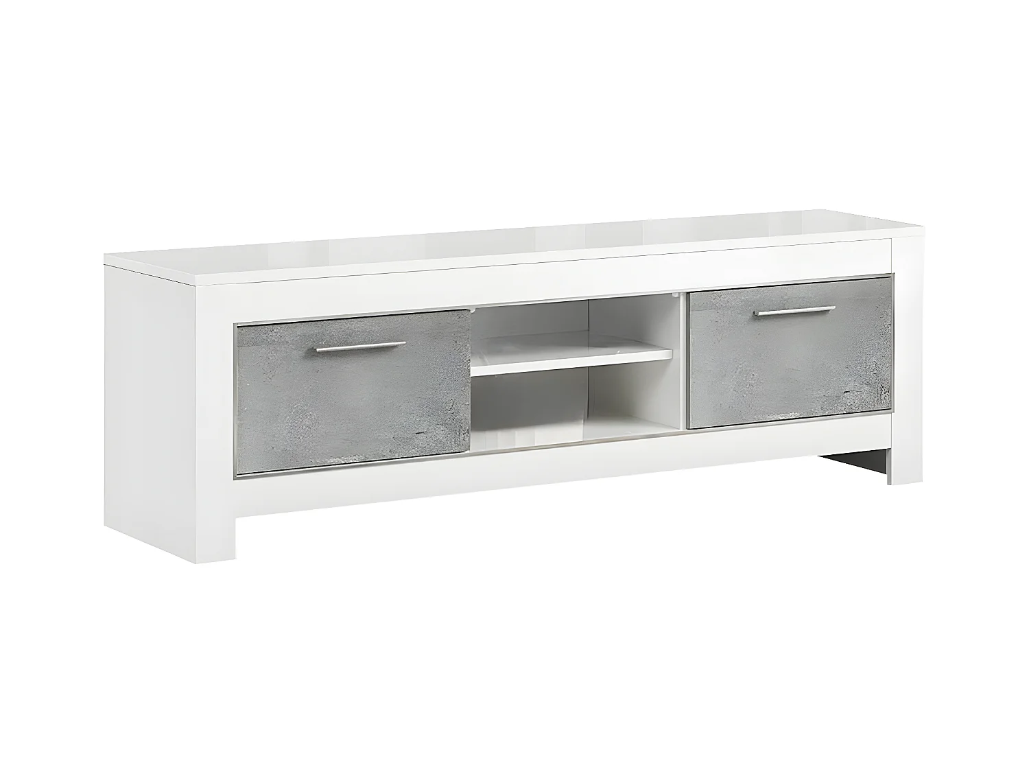 DENAE - Meuble TV 2 Portes L160cm Laqué Blanc Brillant et Gris Marbré