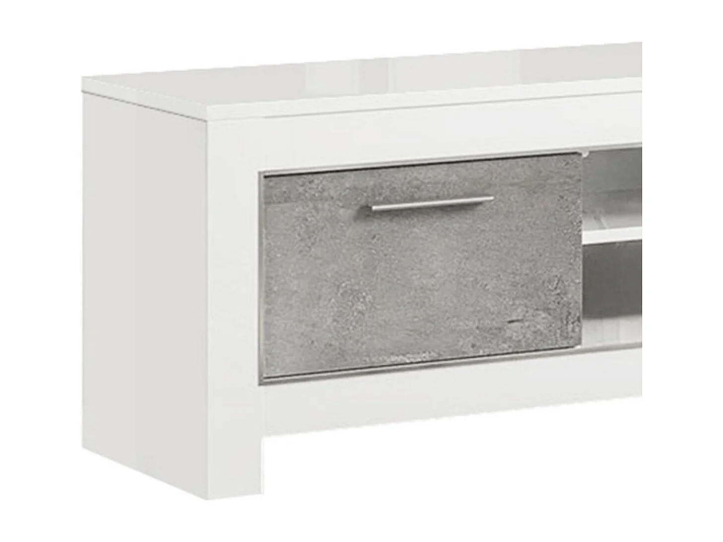 DENAE - Meuble TV 2 Portes L160cm Laqué Blanc Brillant et Gris Marbré