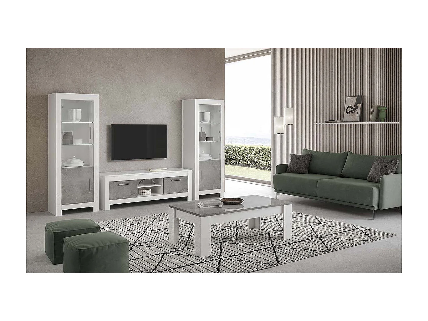 DENAE - Meuble TV 2 Portes L160cm Laqué Blanc Brillant et Gris Marbré