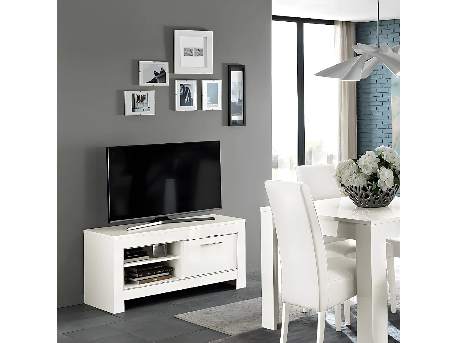 DENAE - Meuble TV 1 Porte L112cm Laqué Blanc Brillant