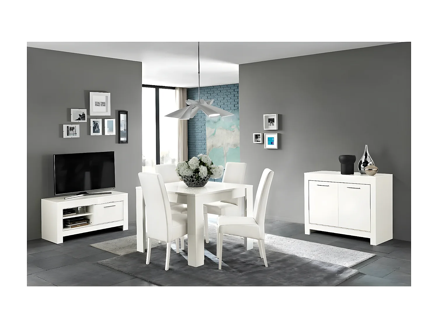 DENAE - Meuble TV 1 Porte L112cm Laqué Blanc Brillant