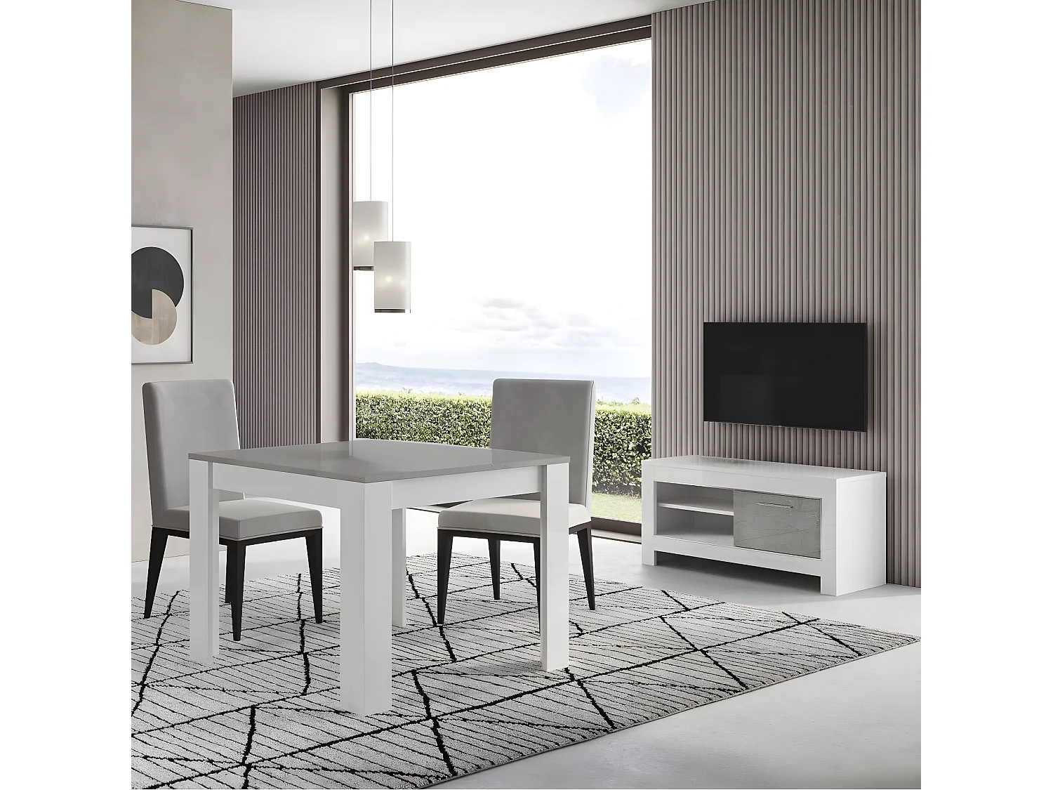 DENAE - Meuble TV 1 Porte L112cm Laqué Blanc Brillant et Gris Marbré