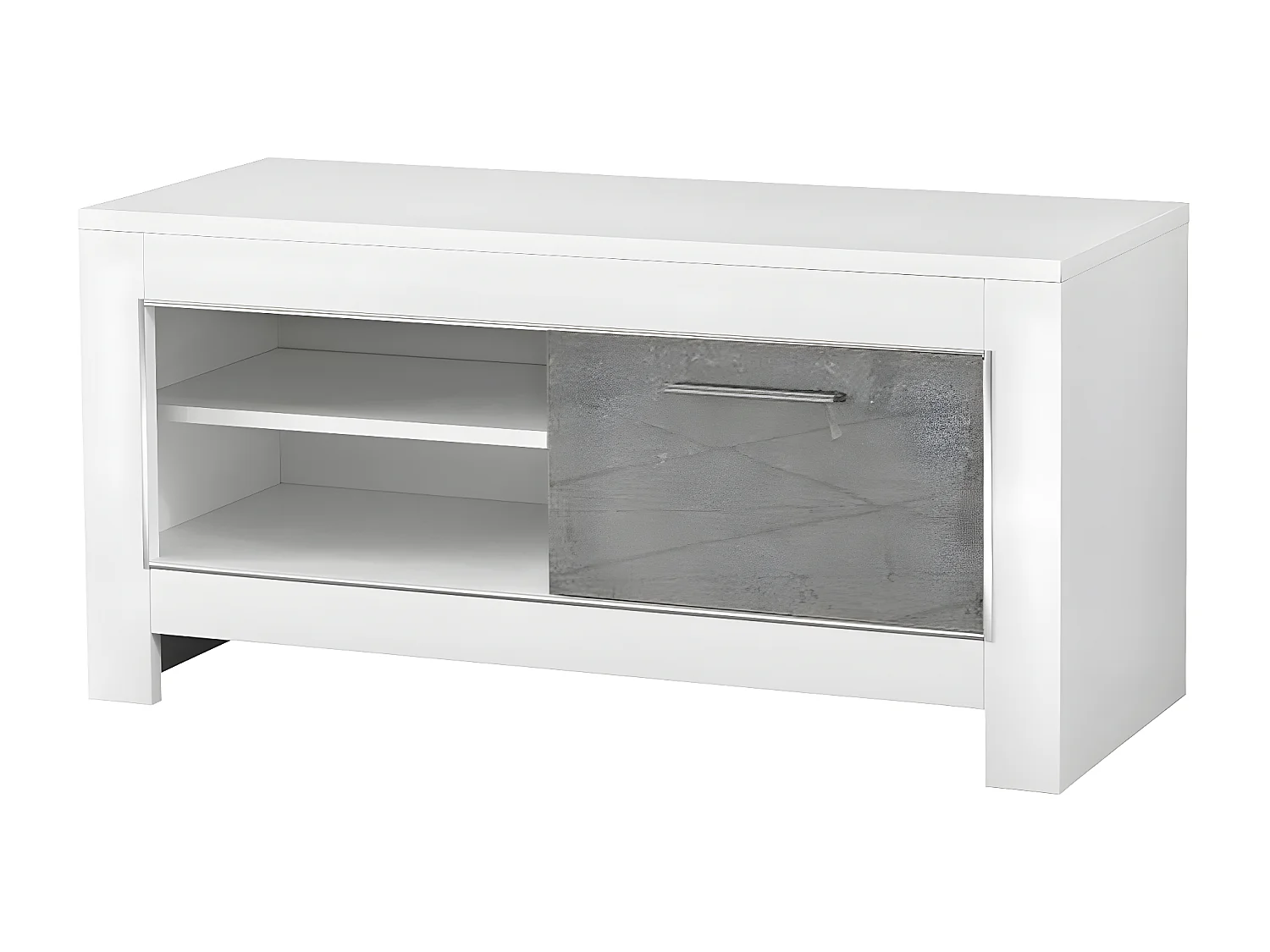 DENAE - Meuble TV 1 Porte L112cm Laqué Blanc Brillant et Gris Marbré