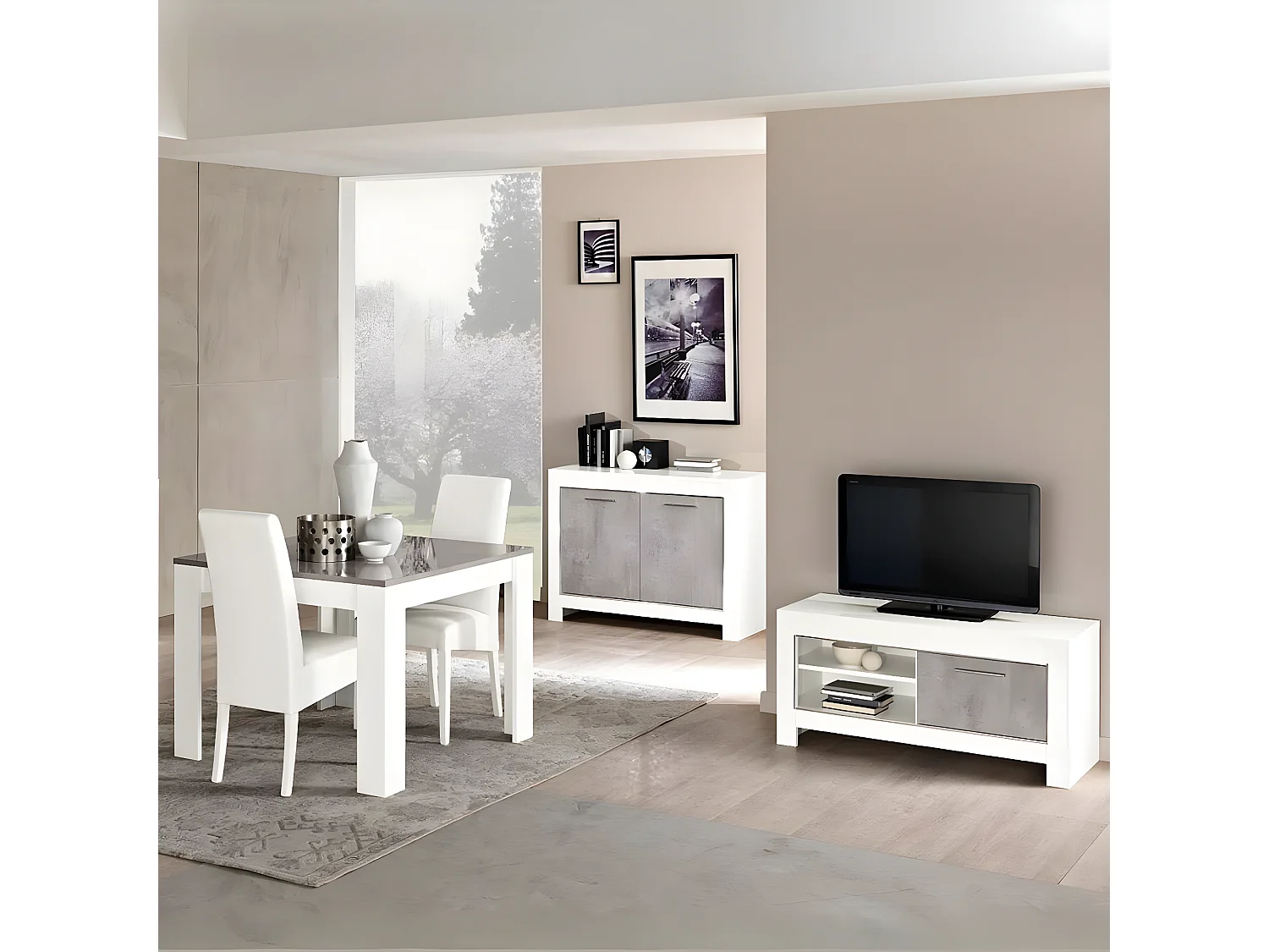 DENAE - Meuble TV 1 Porte L112cm Laqué Blanc Brillant et Gris Marbré