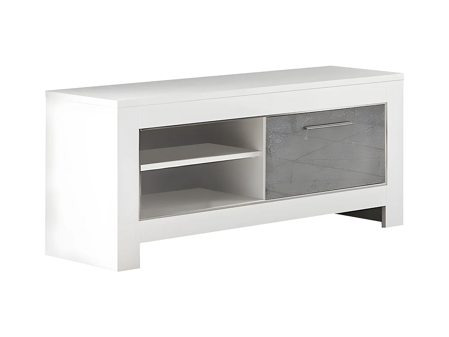 DENAE - Meuble TV 1 Porte L112cm Laqué Blanc Brillant et Gris Marbré