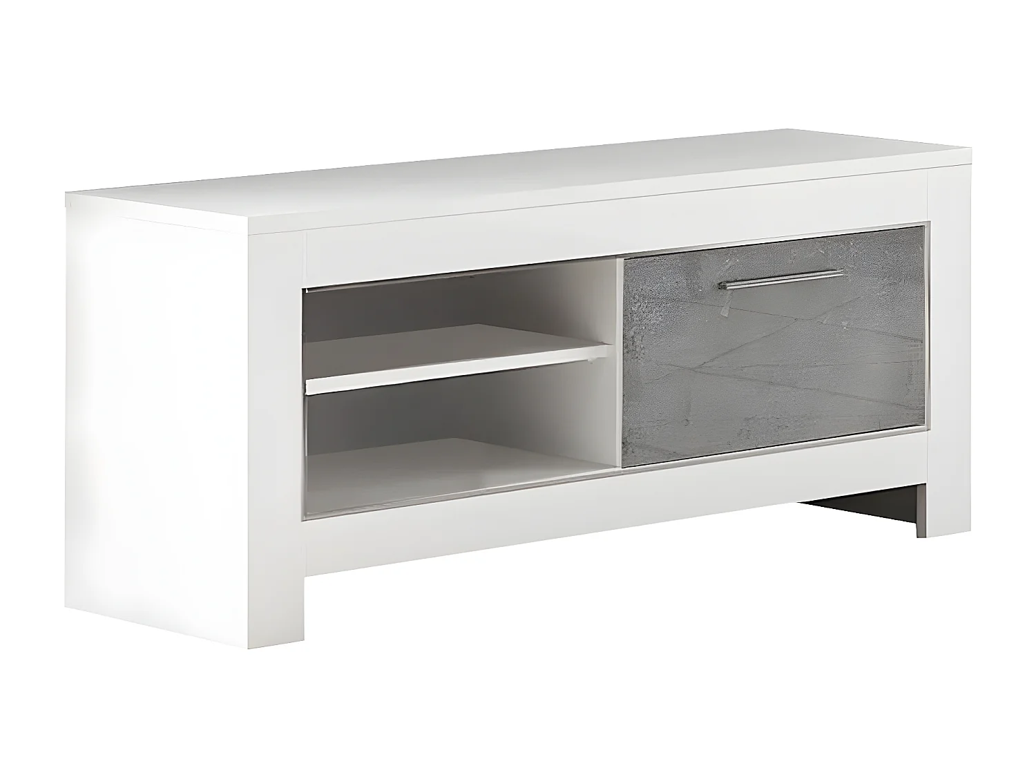 DENAE - Meuble TV 1 Porte L112cm Laqué Blanc Brillant et Gris Marbré