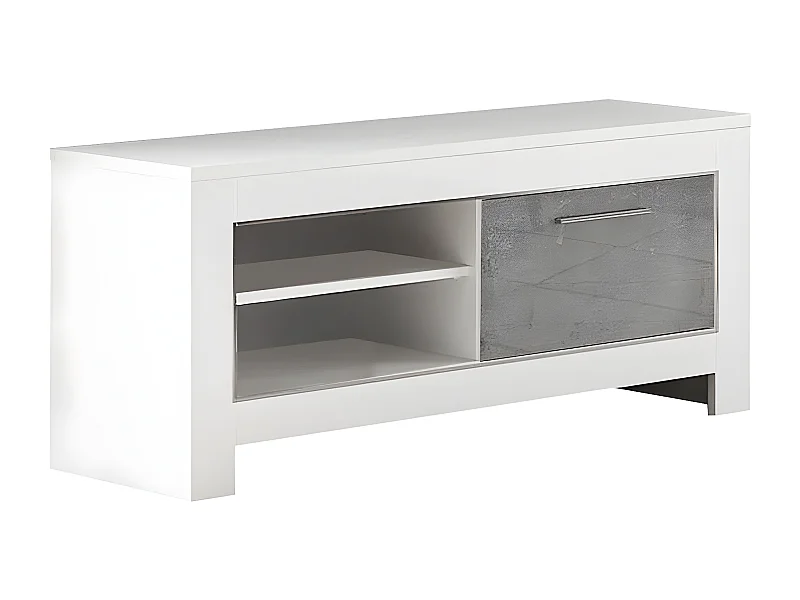 DENAE - Meuble TV 1 Porte L112cm Laqué Blanc Brillant et Gris Marbré