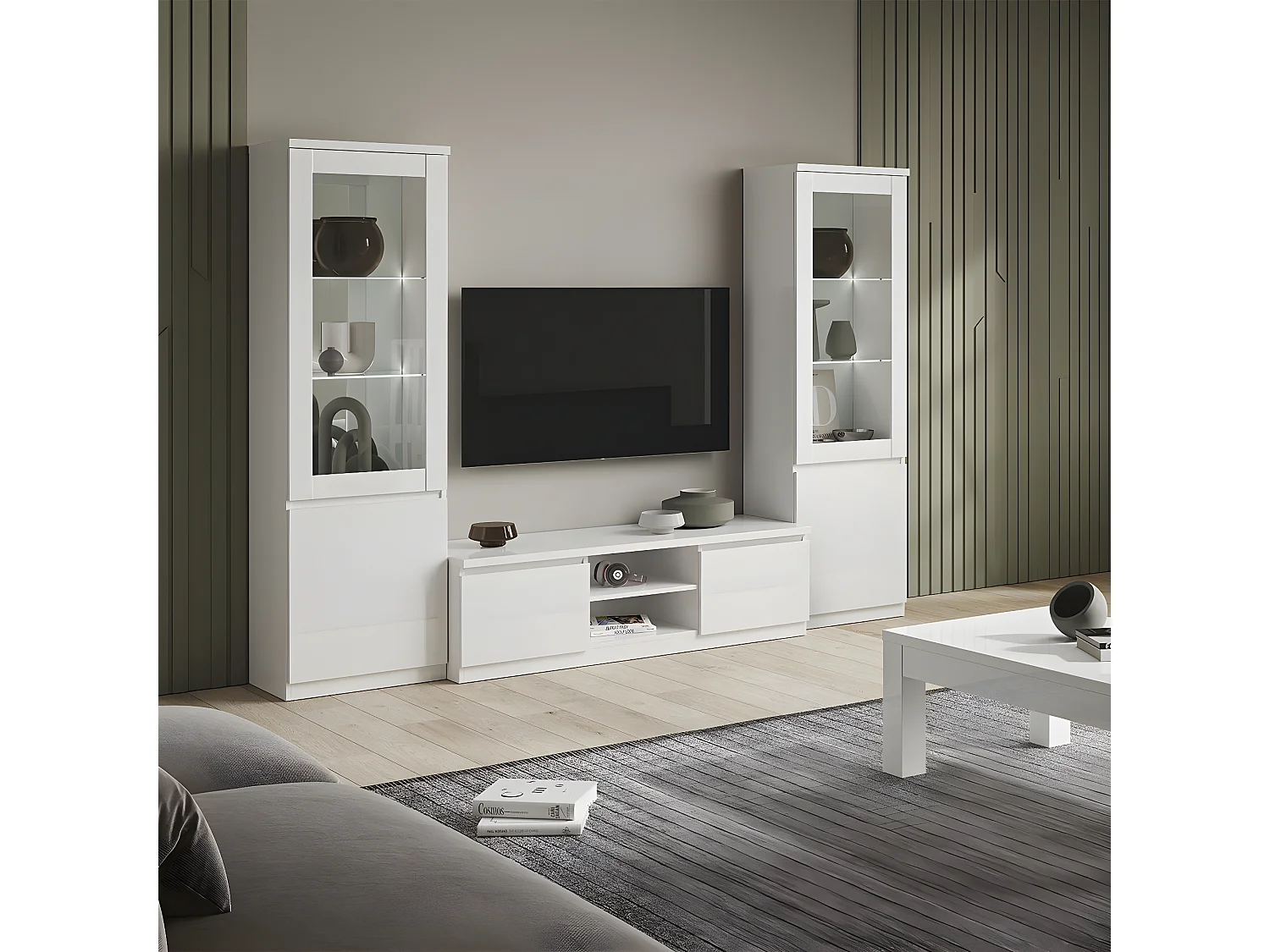 DEYTON - Meuble TV 2 Portes Laqué Blanc Brillant