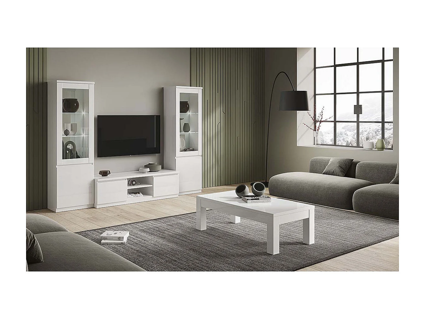 DEYTON - Meuble TV 2 Portes Laqué Blanc Brillant