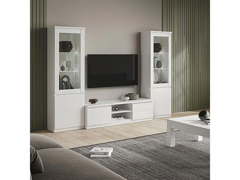 DEYTON - Meuble TV 2 Portes Laqué Blanc Brillant