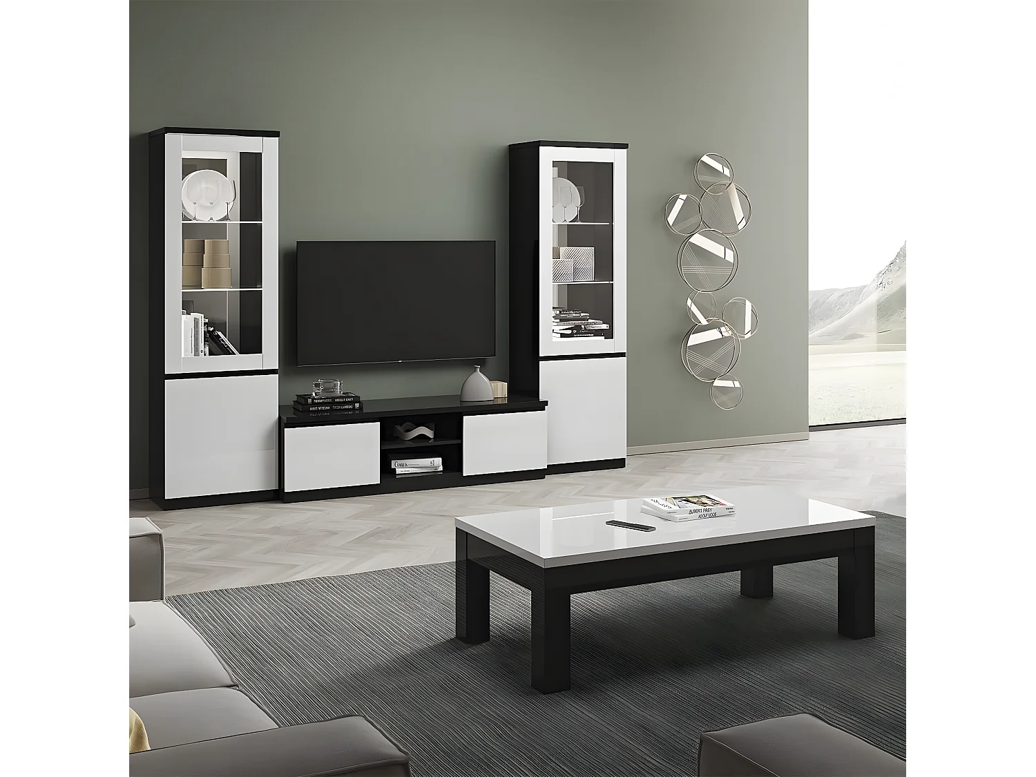 DEYTON - Meuble TV 2 Portes Laqué Noir et Blanc Brillant