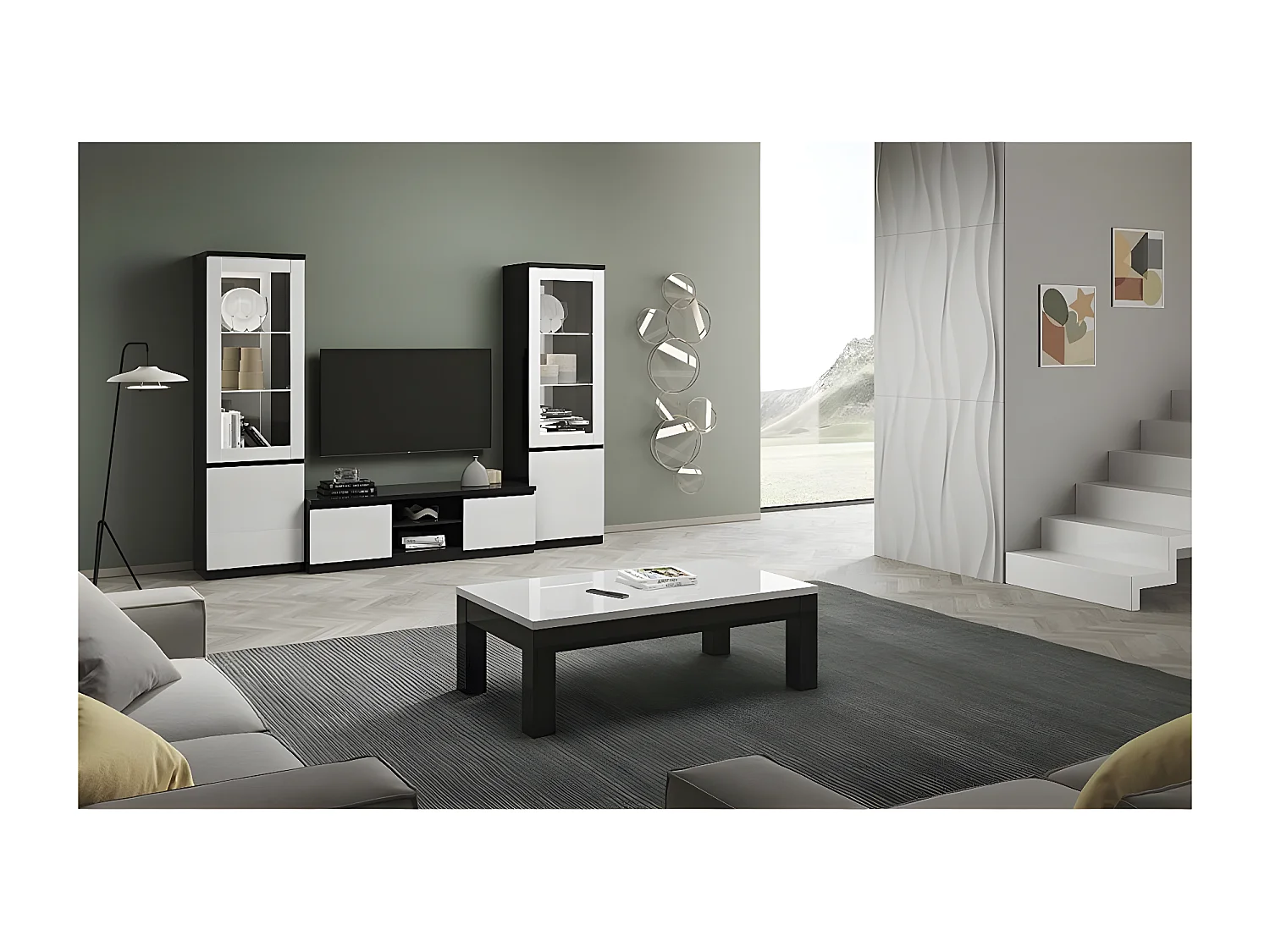 DEYTON - Meuble TV 2 Portes Laqué Noir et Blanc Brillant