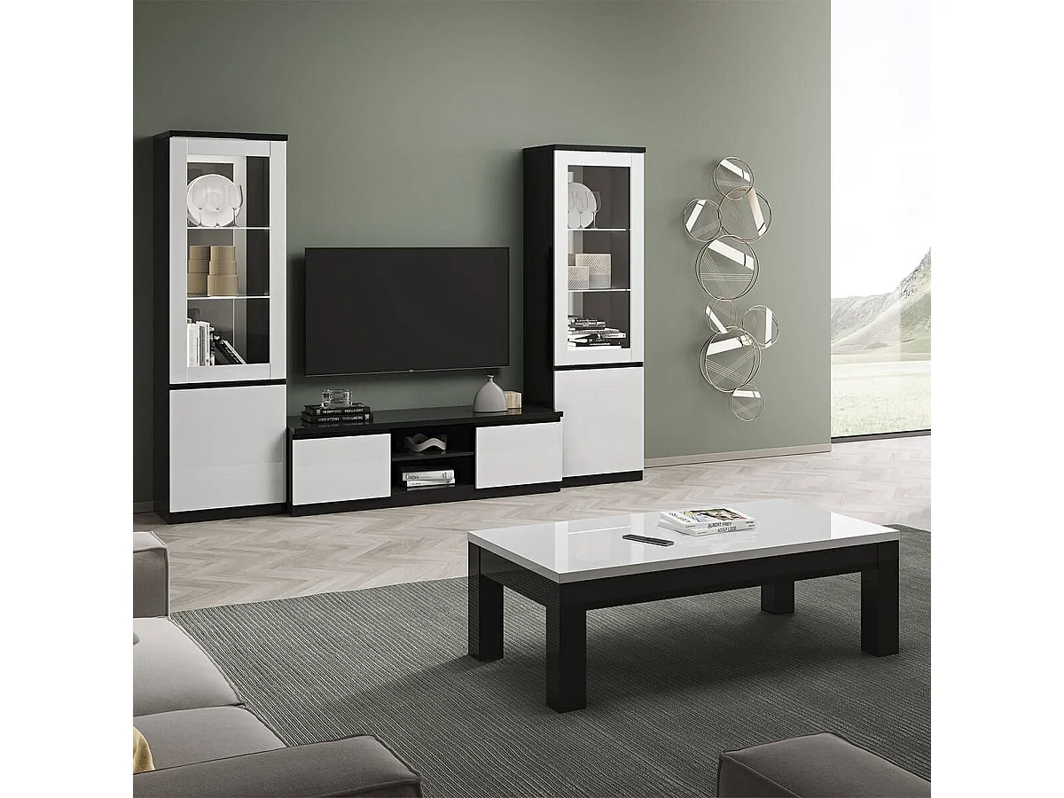 DEYTON - Meuble TV 2 Portes Laqué Noir et Blanc Brillant