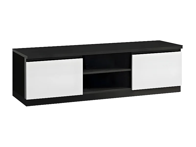 DEYTON - Meuble TV 2 Portes Laqué Noir et Blanc Brillant