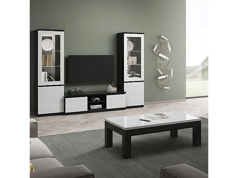 DEYTON - Meuble TV 2 Portes Laqué Noir et Blanc Brillant