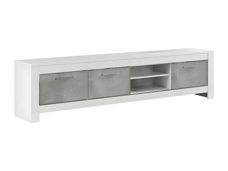 DENAE - Meuble TV 3 Portes L207cm Laqué Blanc Brillant et Gris Marbré