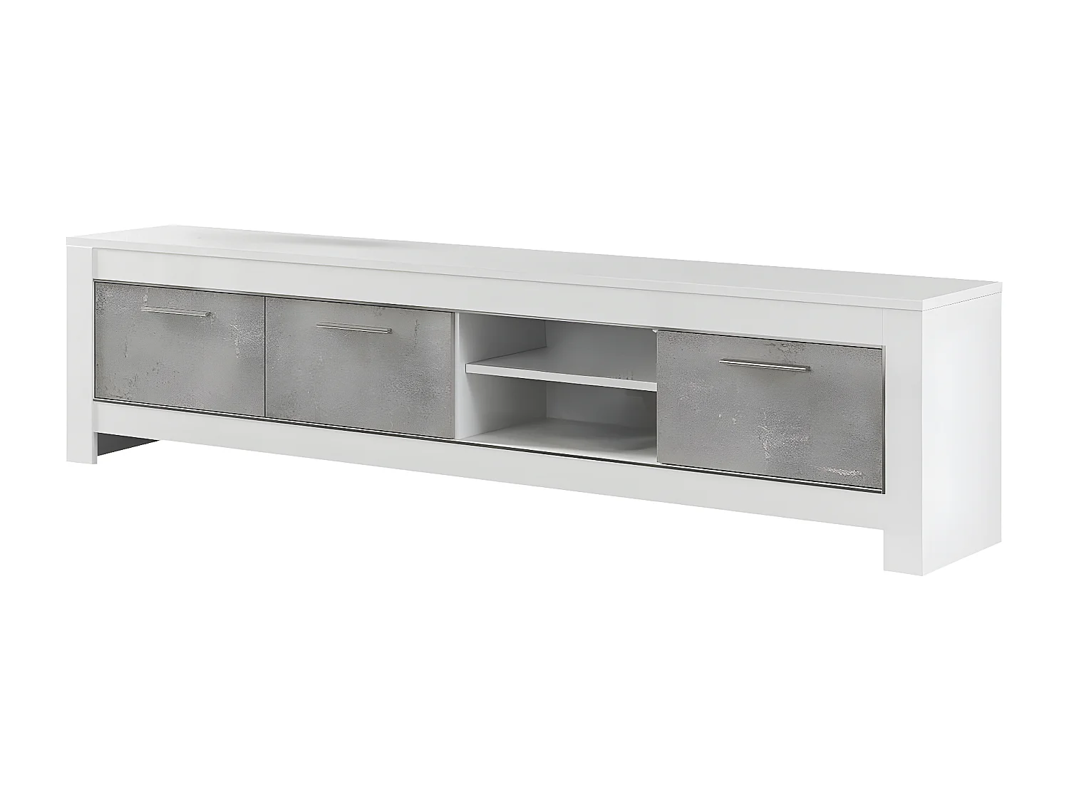 DENAE - Meuble TV 3 Portes L207cm Laqué Blanc Brillant et Gris Marbré