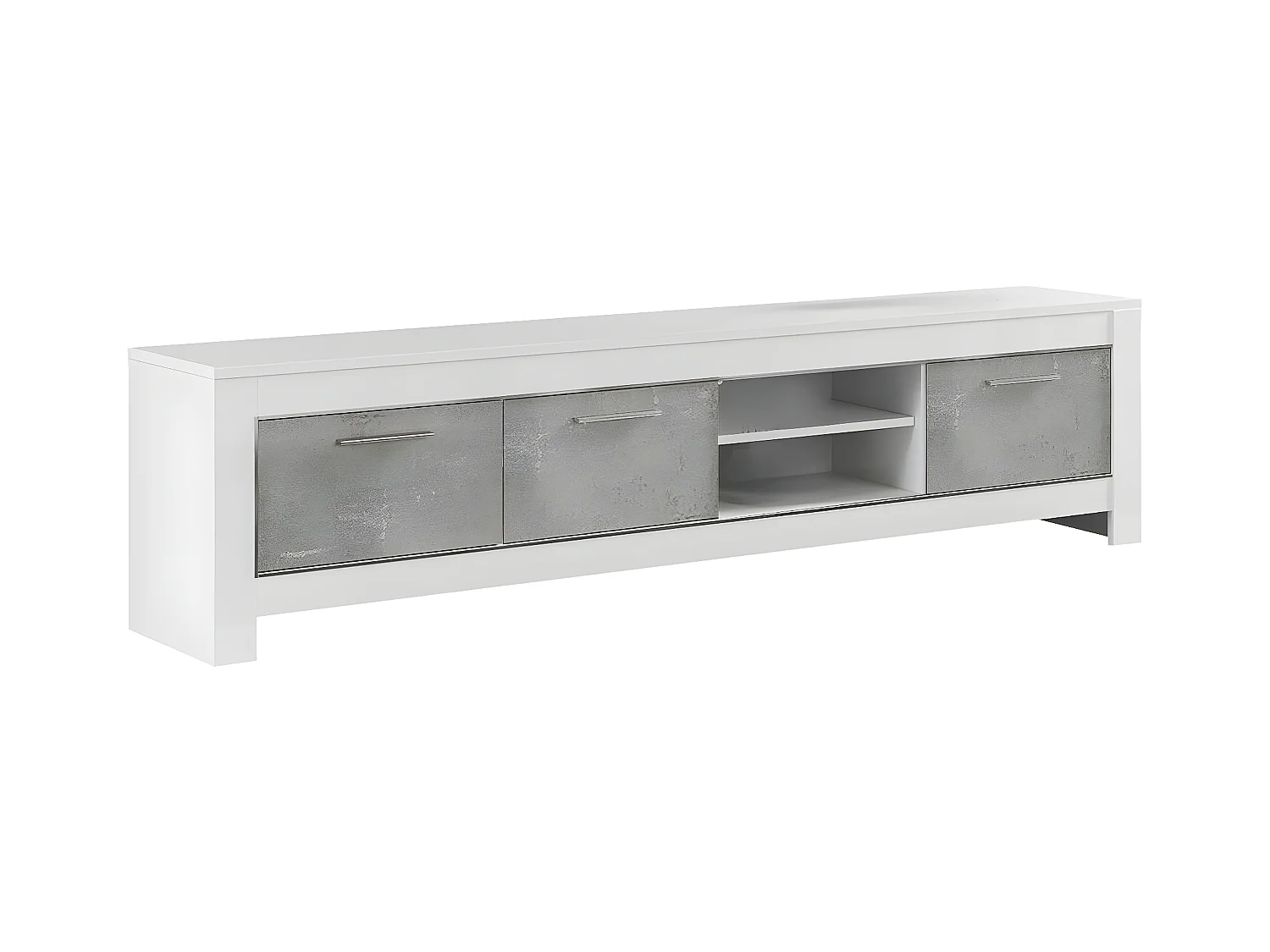 DENAE - Meuble TV 3 Portes L207cm Laqué Blanc Brillant et Gris Marbré