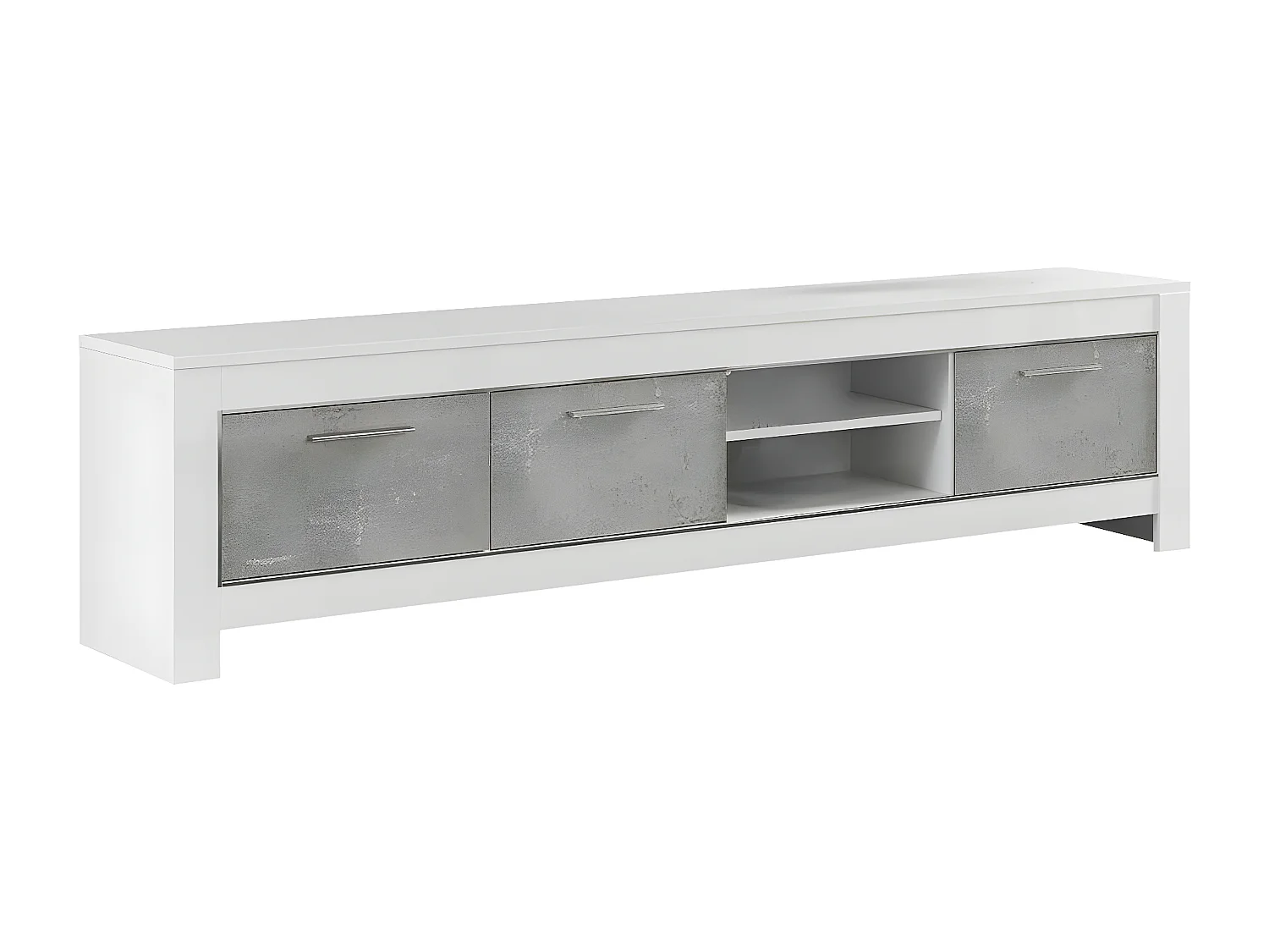 DENAE - Meuble TV 3 Portes L207cm Laqué Blanc Brillant et Gris Marbré