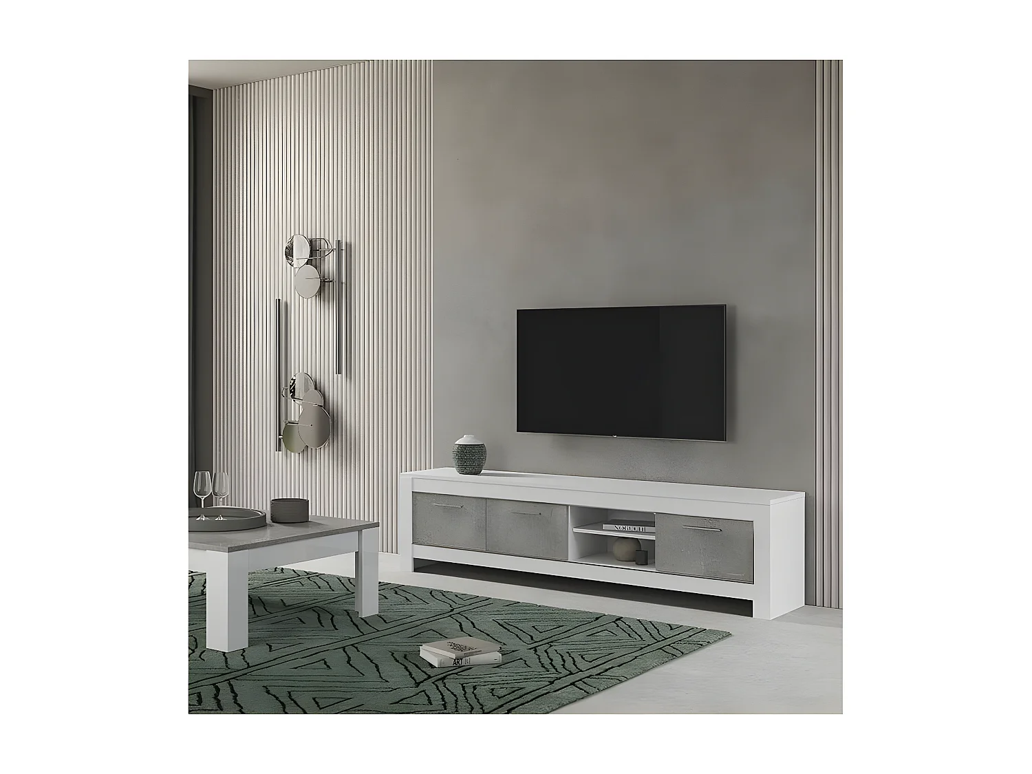 DENAE - Meuble TV 3 Portes L207cm Laqué Blanc Brillant et Gris Marbré